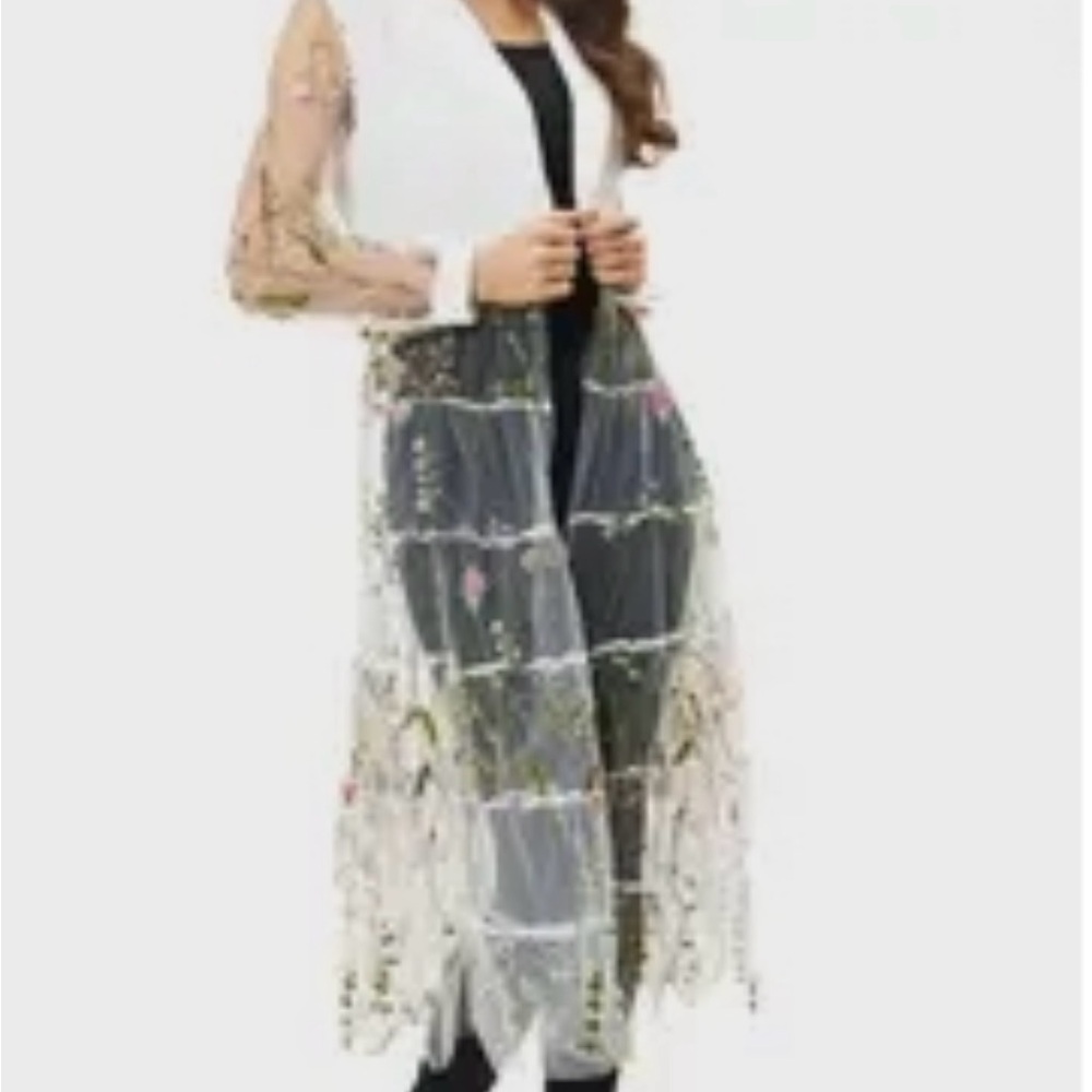 Adore Floral Embroidered Sheer Long Cardigan 21 pit to pit.